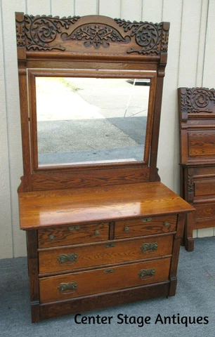 62452 Antique Victorian Carved Oak Dresser Chest with Mirror Cover