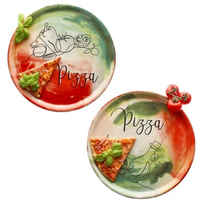 2x Pizzateller Gemüse & Öl Ø31cm 2 Personen XL-Teller Dekor Platte grün rot - Bild 1 von 4