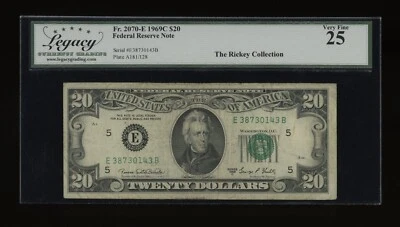 DBR 1969-C $20 FRN 里士满 Fr. 2070-E Legacy 25 序列 E38730143B 保修和延长保修 — 第 1/2 张图片