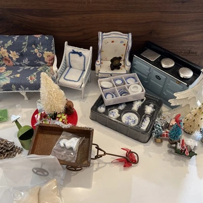 老式娃娃屋家具混合件沙发椅炉中国树木车 — 第 1/4 张图片