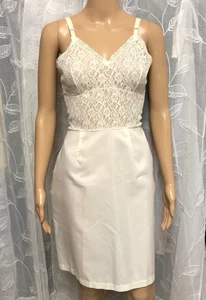 1950s vtg St Michael Stiff Noisy Nylon Taffeta Back Zip Full Slip Lace Top Sz 14 - Picture 1 of 22