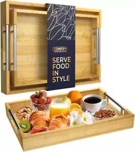 Set of 2 Bamboo Serving Trays with Silver Handles, 12" x 17" - Picture 1 of 7