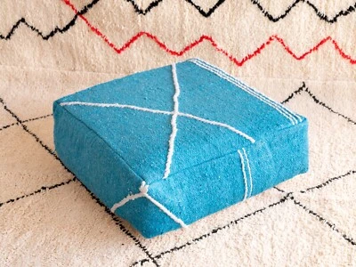 24x24 Moroccan Handmade Pouf Berber Kilim Rug BlueFloor Cushion Footstool - Image 1 of 4