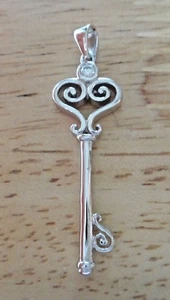 Sterling Silver 3D 33x12mm Skeleton Key Curl Heart Top with clear crystal Charm - Picture 1 of 5