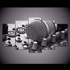 Microphone DJ Music Room Black & White Framed 5 Piece Canvas Wall Art - Picture 1 of 1