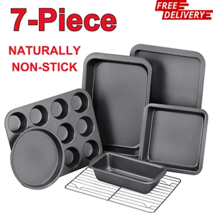 7-Piece Nonstick Bakeware Set-Cake, Loaf, Muffin, Cookie, Roast Pan&Cooling Rack - Picture 1 of 8