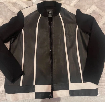 Rochelle Size M Women's Black & White Genuine Leather Shell & Knit Zip Jacket - Image 1 of 4