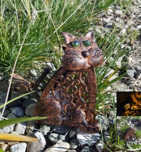 SOLAR POWERED ANTIQUE COLOR METAL CAT SOLAR AMBER LED LIGHT GARDEN DECORATION - Picture 1 of 1