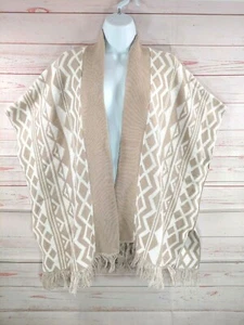 Vecchio maglione cardigan stile poncho stampa tribale beige e bianco navy taglia M-L - Foto 1 di 4