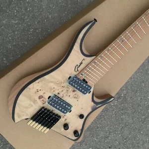 Guitarra Eléctrica de 7 Cuerdas Sin Cabeza Traste Abanicado Natural Burl Tapa de Arce - Imagen 1 de 4