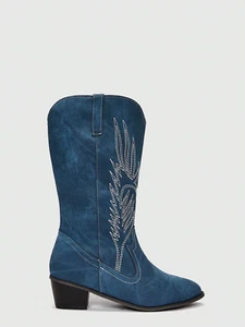 ROMWE Goth Women'S White Fashionable Embroidery Pure Color Western Cowgirl Boots - Picture 1 of 13