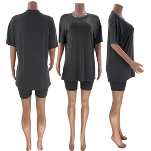 Womens Oversized T-Shirt & Cycling Shorts 2 Pcs Summer Co-Ord Tracksuit Set - Picture 1 of 28