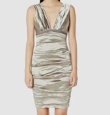 $525 Vestido Vaina Nicole Miller Para Mujer Gris Cuello en V Sin Mangas Metálico 12 Foto 1 de 2