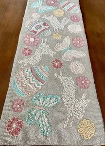 ISAAC MIZRAHI Easter Bunny Eggs Spring Flowers Silver Beaded Table Runner New! - Picture 1 of 5