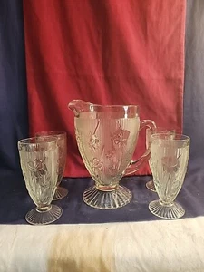 Jeannette Iris & Herringbone Clear Footed Pitcher W/4 Clear Footed Tumblers - Picture 1 of 19