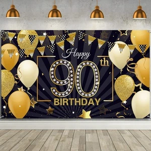 Happy 90th Birthday Backdrop Banner Extra Large Black and Gold 90th Birthday - Picture 1 of 7