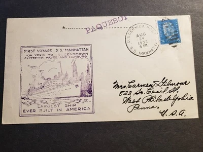 Steamship SS MANHATTAN Naval Cover 1932 FIRST VOYAGE Cachet US-GERMAN SEA POST - Image 1 of 2