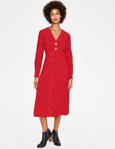 Boden Elsie rot gepunktetes Midi Shirt Button Down Langarm Kleid V-Ausschnitt Größe 8R - Bild 1 von 11