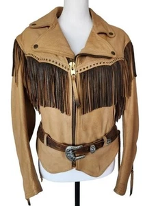 Vintage Western Leather Fringe Tooled Buckle Brown Walter Leather Co Jacket Sz S - Picture 1 of 12