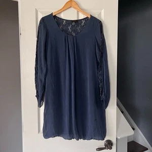 Etuikleid Carla Conti dunkelblau 100% Seide Spitzenärmel Made in Italy L - Bild 1 von 4