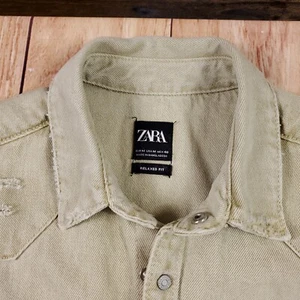 Zara Denim Shirt Men's Medium Sand Beige Ripped Distressed Jacket Snap Closure - Picture 1 of 20