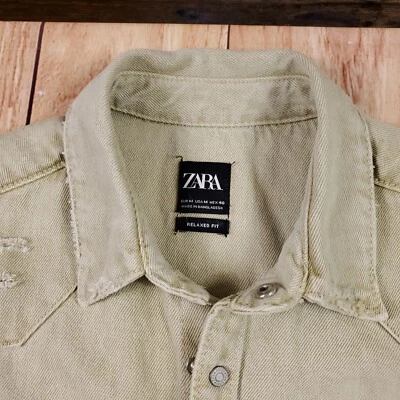 Zara Denim Shirt Men's Medium Sand Beige Ripped Distressed Jacket Snap Closure - Image 1 of 4