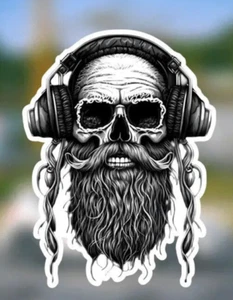 Calavera Barbuda Grande 6" x 4.51" con Auriculares - Pegatina Vinilo Impermeable NUEVO - Imagen 1 de 3