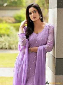 Shweta Tiwari in Lilac Viscose Chikankari Straight Kurta Set with Dupatta - Picture 1 of 9