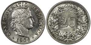 Suiza 1906 B 20 Rappen UNC Como Nuevo Brillo KM# 29 (21 396) - Imagen 1 de 3