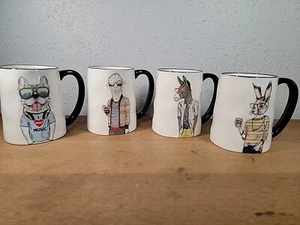 Set of 4 SIGNATURE HOUSEWARES Animal Hipster MUGS Cups 17.5 Oz Stoneware - Picture 1 of 12
