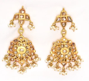 High Karat Gold Natural Diamond Cultured Pearl Handmade Earrings India - Picture 1 of 15