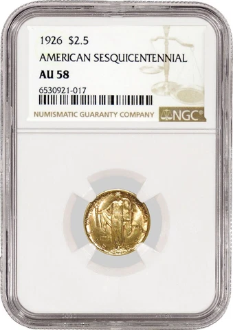 1926 $2.50 American Sesquicentennial Commemorative Gold Quarter Eagle NGC AU58 Cover
