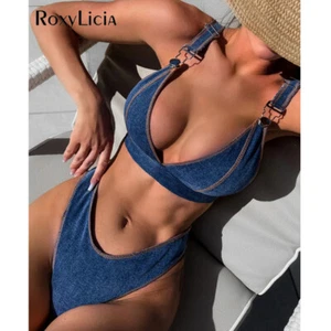 Sexy Conjunto de bikini de dos piezas de bikini de corte alto brasileño azul denim para mujer - Imagen 1 de 11