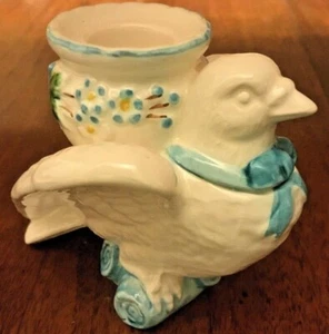 1988 Haldon WHITE DOVE bird w blue ribbon ~ ceramic taper candle holder Vintage - Picture 1 of 8
