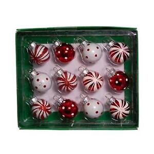 Mini Red and White Polka Dot and Peppermint Glass Christmas Ornaments Set of 12