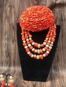 Women Beautiful Coral African Nigerian Beads Necklace Bracelet Cap Jewellery Set - Picture 1 of 13