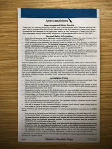American Airlines Unaccompanied Minor form one pc brand new style - Picture 1 of 1