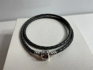 Pandora Gray Leather Braided Wrap Bracelet 16” Barrel Clasp - Picture 1 of 4