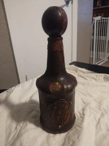 Vintage Italian Brown Leather Wrapped Glass Decanter w/ Lion Crest Embossment - Picture 1 of 6
