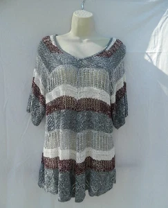 Cato Pull Over Sweater Ladies Size Med Open Crochet, Sheer Tunic Style Striped - Picture 1 of 11