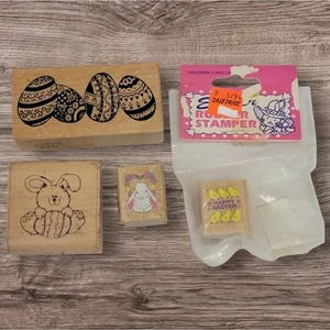 VTG Easter Rubber Stamp Lot 4 Pc Bunny Eggs Chicks Flowers Spring Crafts Bundle - Imagen 1 de 7