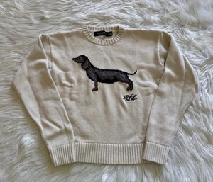 Lauren Ralph Lauren Teddy Dog Jumper Cream Logo Knit Dachshund Sweater Small - Imagen 1 de 6