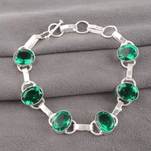 Pulsera de cadena de esposa artesanal de piedra esmeralda verde joyería de plata de ley 925 - Imagen 1 de 6