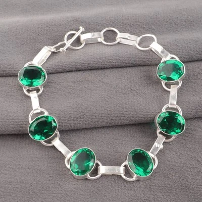 Pulsera de cadena de esposa artesanal de piedra esmeralda verde joyería de plata de ley 925 Foto 1 de 4