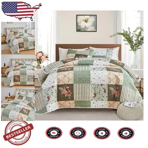 3-Piece Reversible Green Floral Quilt Set - Queen Size, Soft Microfiber Comfort - Picture 1 of 9