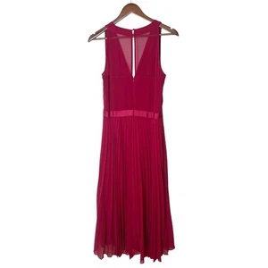 White House Black Market Red Pleated Chiffon Maxi Dress Size 12 V-Neck Cocktail - Picture 1 of 9
