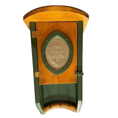 Vintage Wood Wall Cabinet With Hooks & Door Green & Natural Finish Country 15” - Image 1 of 4