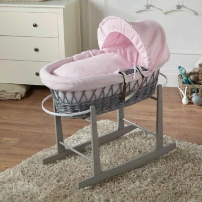 Moses Basket Baby Grey Wicker with Grey Rocking Stand – Pink Waffle