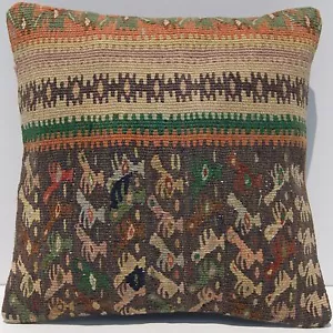  12"X12" VINTAGE PILLOW COVER SQUARE GREEN KURDISH HANDWOVEN KELIM AREA RUGS 40+ - Picture 1 of 3