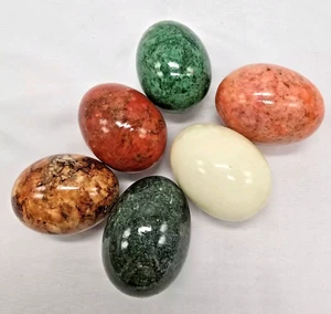 6 Vtg Marbled Alabaster Polished Stone Eggs 2.25" Italy Easter Green Red Brown - Picture 1 of 22